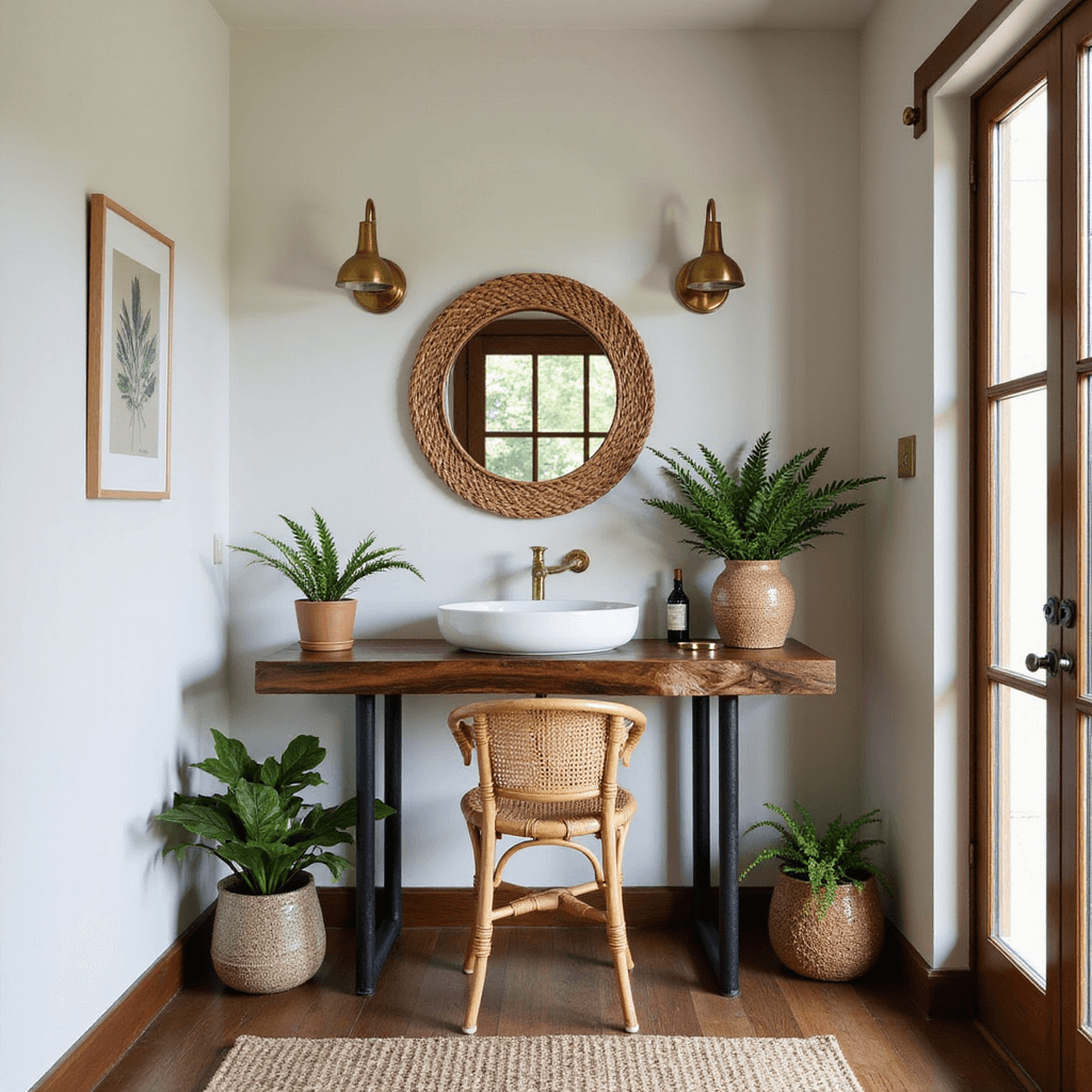 Nature-inspired vanity area with a live-edge walnut slab, blackened steel legs, and a circular rattan-framed mirror, accented by brass sconces and a rattan chair. Potted ferns and air plants add greenery. Warm woods, deep greens, and earth tones highlighted by morning light.