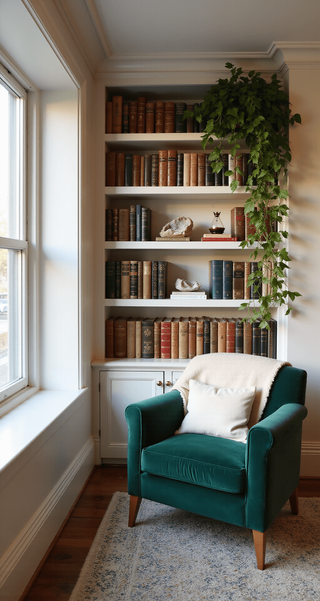 A cozy home library nook with a tall white bookcase, rainbow-arranged books, vintage brass bookends, emerald velvet chair, cream throw, Persian rug, pothos plant, crystal geodes, and antique hourglasses, captured in warm golden hour light.