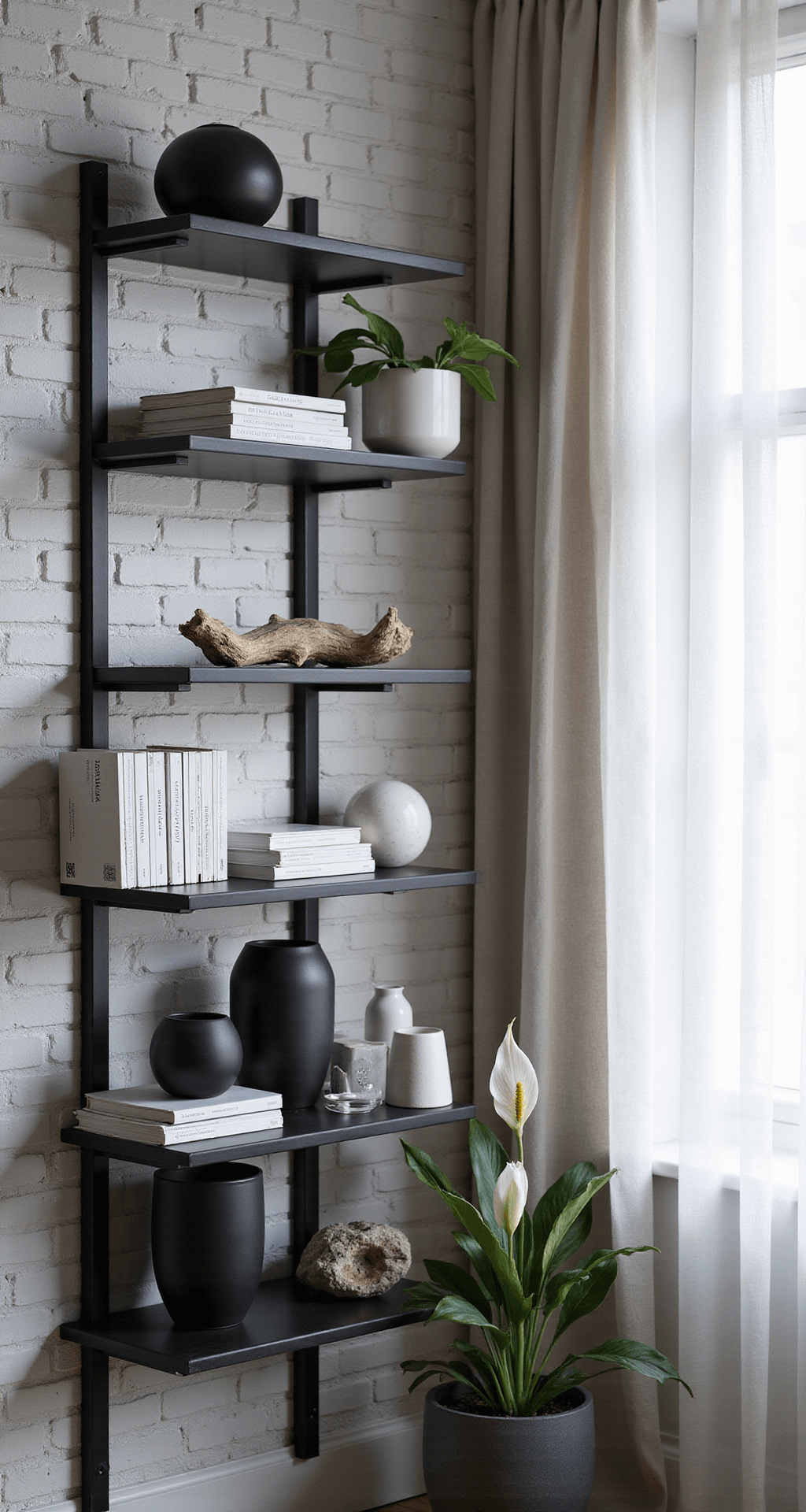 Modern Scandinavian loft with a minimalist 8-foot matte black metal bookshelf against a whitewashed brick wall. Monochromatic white and gray books and black ceramic vessels adorn the shelves. A single peace lily in a black planter adds greenery. Morning light highlights clean lines and textures.