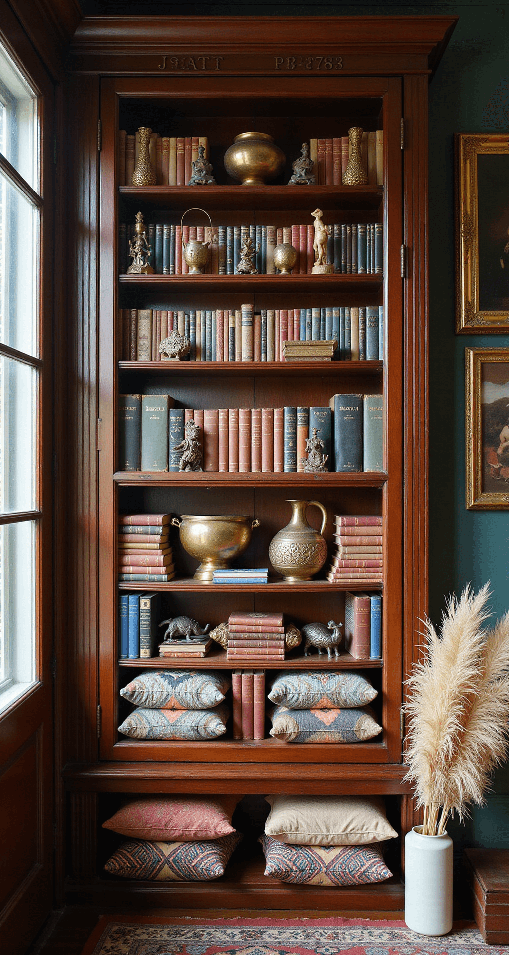 An ornate Victorian wood bookcase filled with vintage books in rich jewel tones and decorated with tribal artifacts, brass figurines, and pottery. Moroccan lanterns cast shadows, and Turkish pillows, dried pampas grass, and peacock feathers add texture and movement.
