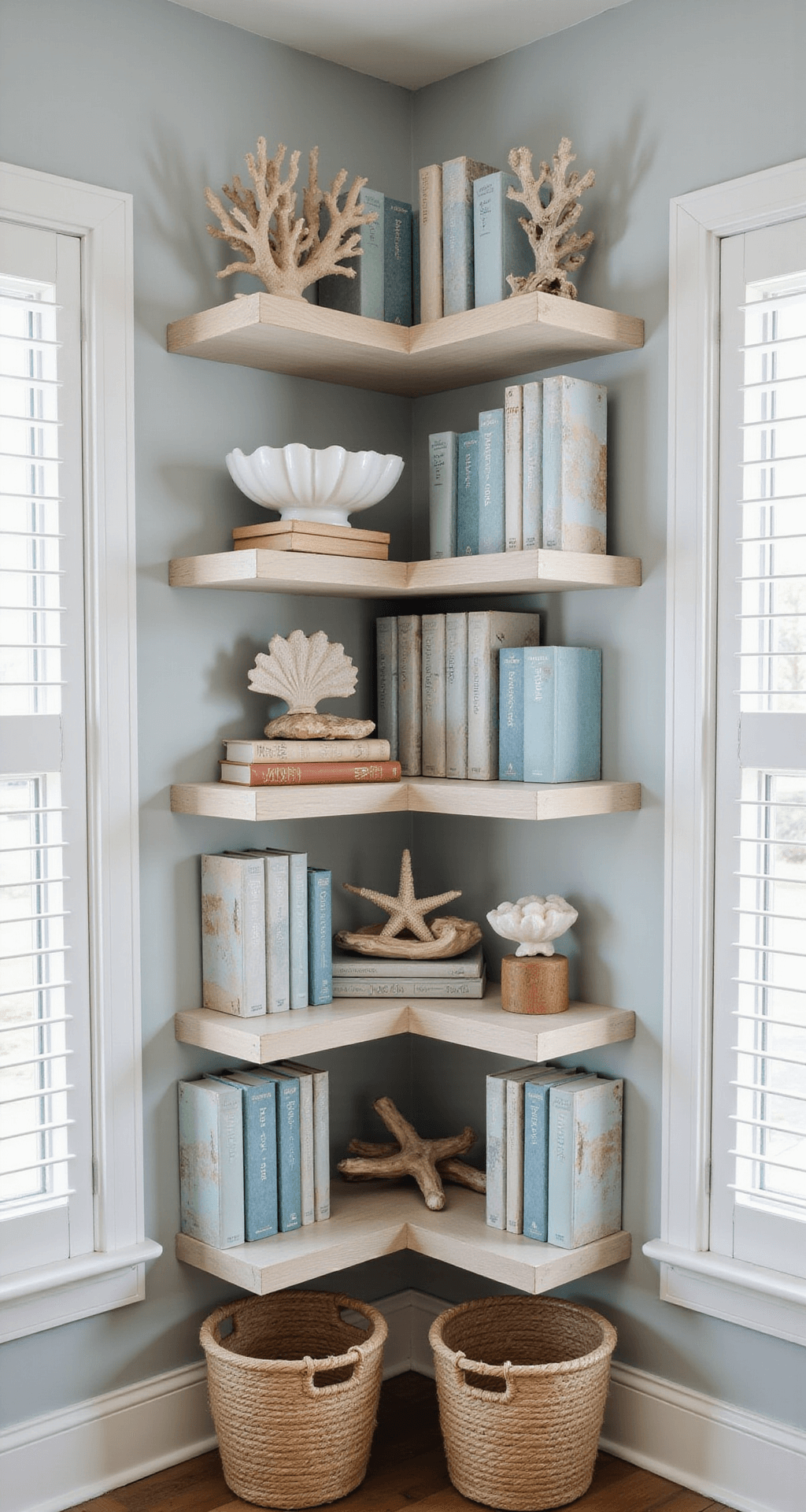 Contemporary coastal-themed bookcase with white oak floating shelves in a sunlit corner, featuring books in blue tones, coral accents, sea glass, and sand-colored decor.