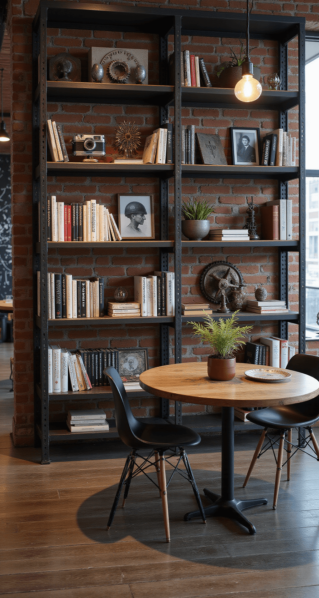 Wide-angle view of an industrial loft bookcase styled with raw steel and reclaimed wood, spanning a 15-foot wall. Evening uplighting from floor lamps highlights color-blocked books in black, white, and burgundy. Featured are vintage cameras, industrial gears, Edison bulb sculptures, and concrete and copper vessels with air plants. A black and white photography gallery wall adds to the dramatic high-contrast lighting and mechanical aesthetic.