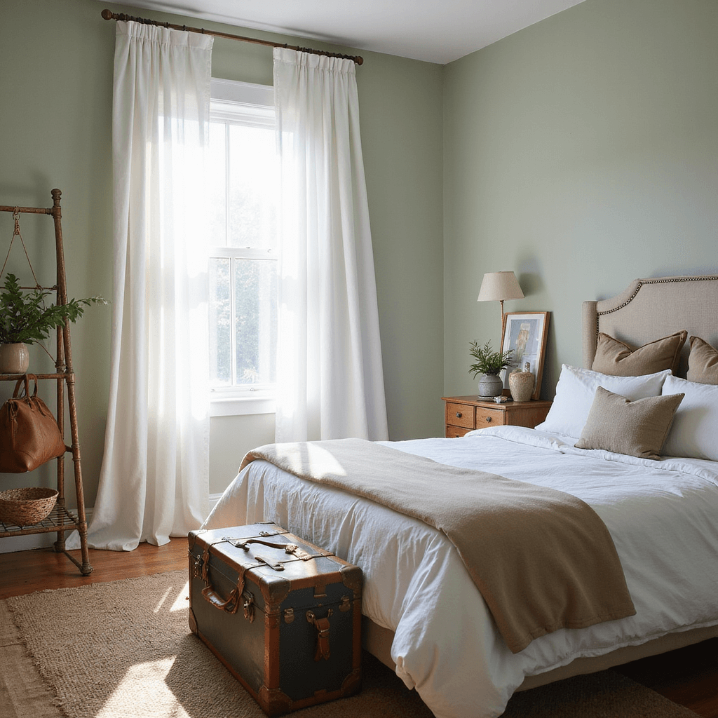 A sunlit guest bedroom with a queen bed and vintage decor, captured from door height.