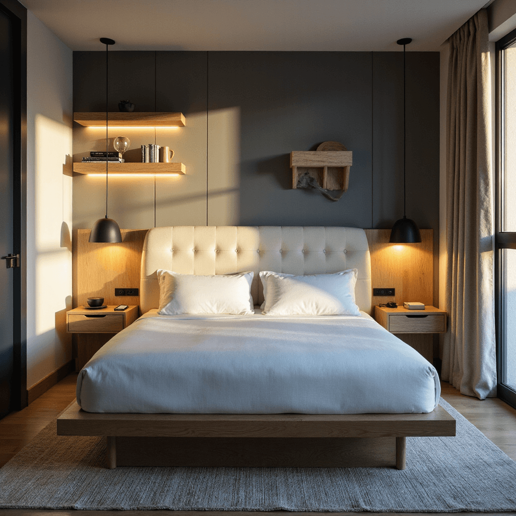 Boutique hotel-style guest room at golden hour, featuring a modern platform bed with channel-tufted headboard, dimmable bedside lamps, tech amenities, and decor on floating shelves, in a palette of gentle blues and warm neutrals.