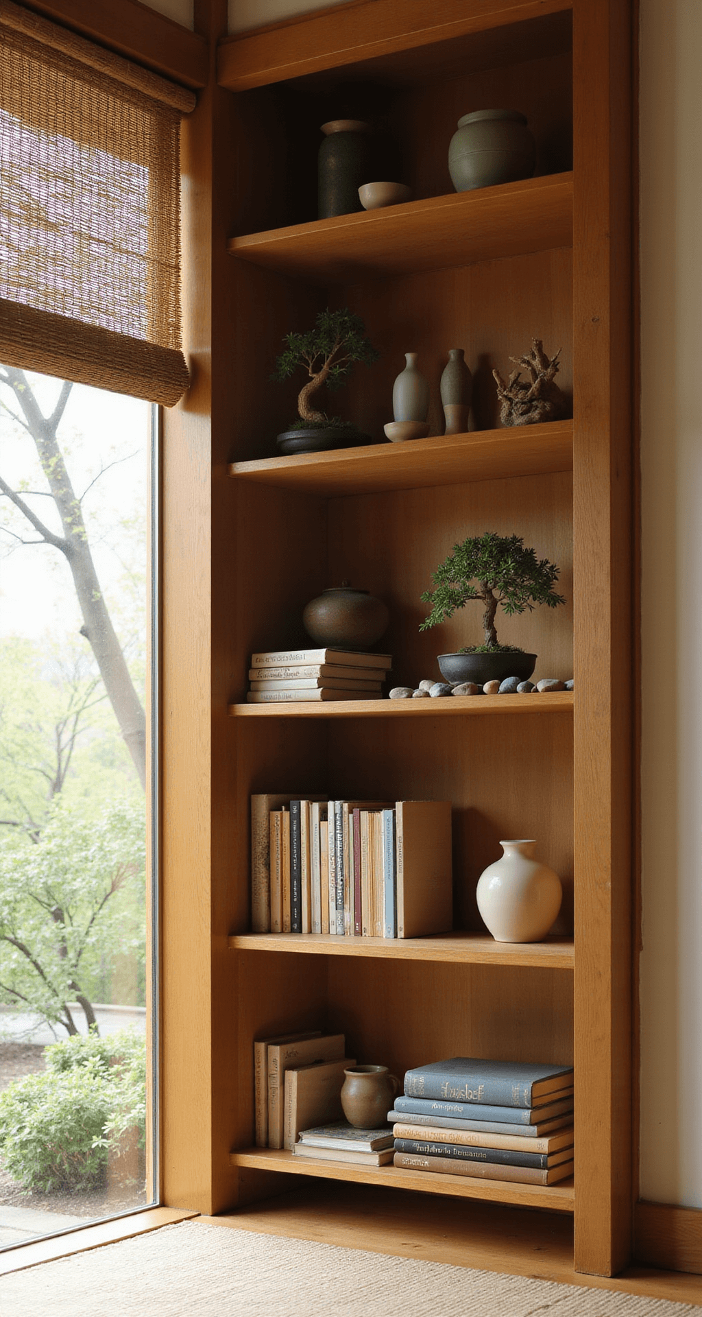 A Japanese minimalist meditation corner featuring a low-profile bamboo bookcase, viewed from tatami mat level in early morning light. Vertical books in washi paper covers, bonsai trees, tea vessels, and river stones create a serene composition. An ikebana arrangement sits in vintage pottery; a bamboo shade gently diffuses the light.