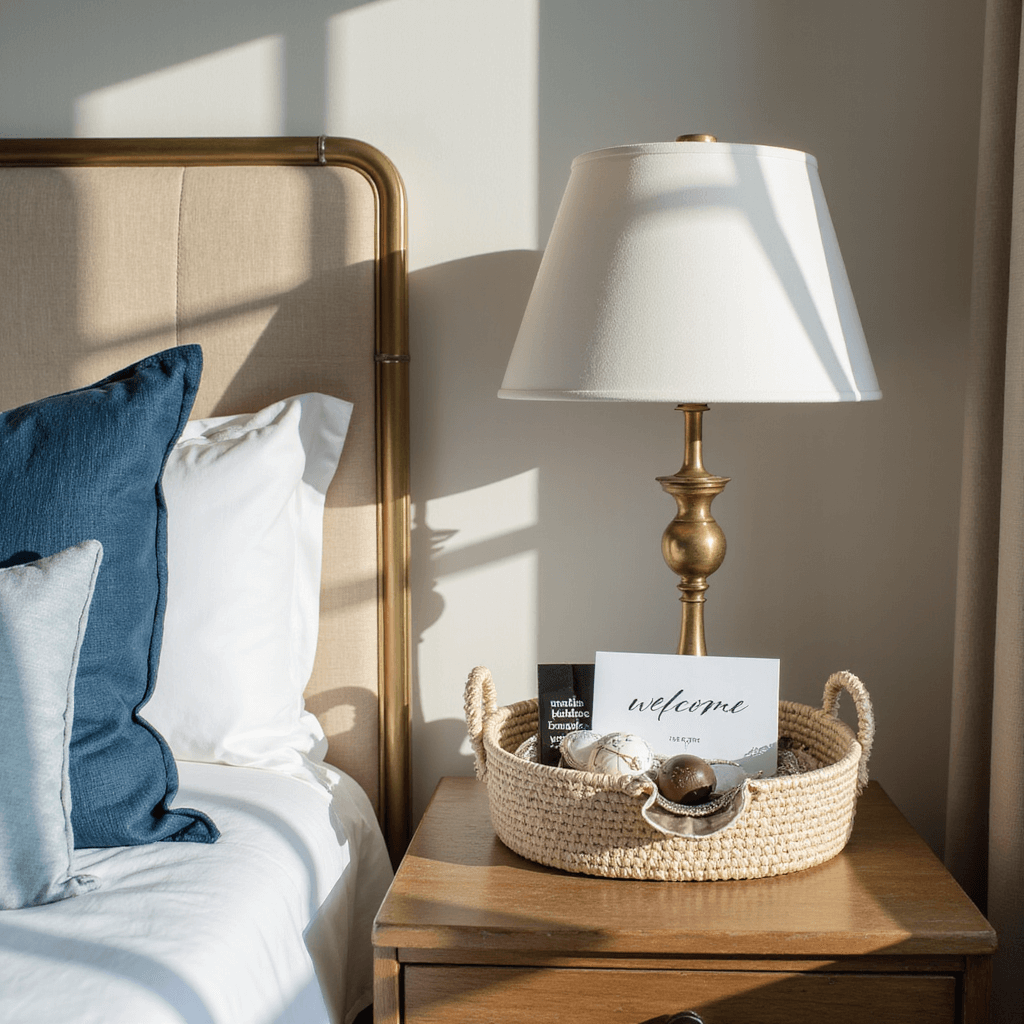Sophisticated guest bedroom with a styled bedside scene featuring a brass-trimmed nightstand, modern lamp, welcome basket with chocolates, wifi card, and layered textiles in creams and blues, captured in afternoon light.