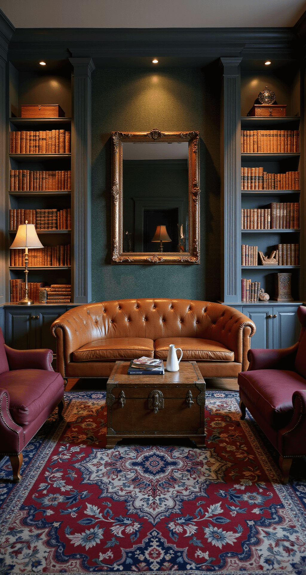 Wide-angle view of a cozy library-inspired living space at dusk, featuring charcoal gray bookshelves, a curved cognac leather sofa, oxblood wingback chairs, and a distressed wooden trunk coffee table. Warm light from brass sconces and a vintage lamp highlights the deep green botanical wallpaper and an Oriental rug in burgundy and navy.