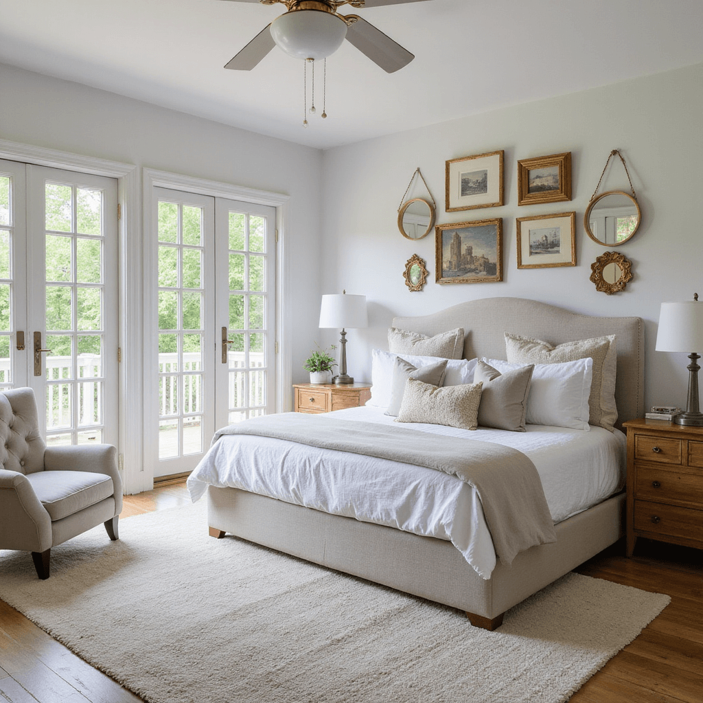 An elevated view of a bright 14x16ft guest suite with French doors, highlighting a plush pearl grey accent chair, a king bed with a linen headboard, layered bedding, and an eclectic wall of brass mirrors and vintage art.