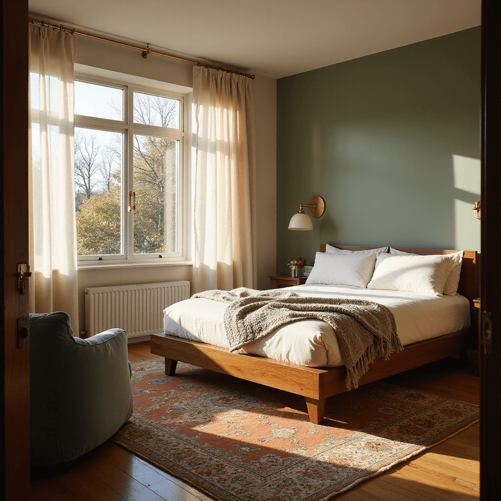 A cozy 14x16ft bedroom during golden hour, with sunlight streaming through sheer curtains. A walnut platform bed with cream linens and knit throws is against a sage green accent wall with brass sconces. A Persian rug in terracotta tones and a dusty blue velvet armchair in the corner complete the look. Shot from the entrance with soft focus, enhancing the warm, textured ambiance.