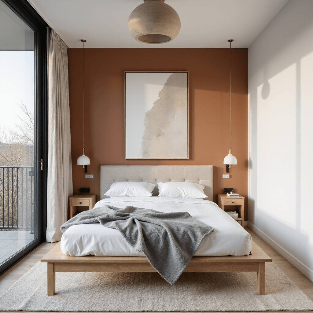 Minimalist bedroom with platform bed, bleached oak and white bedding, terracotta accent wall, abstract canvas, ceramic pendant light, and floor-to-ceiling windows, viewed from a high angle with bright, airy atmosphere.