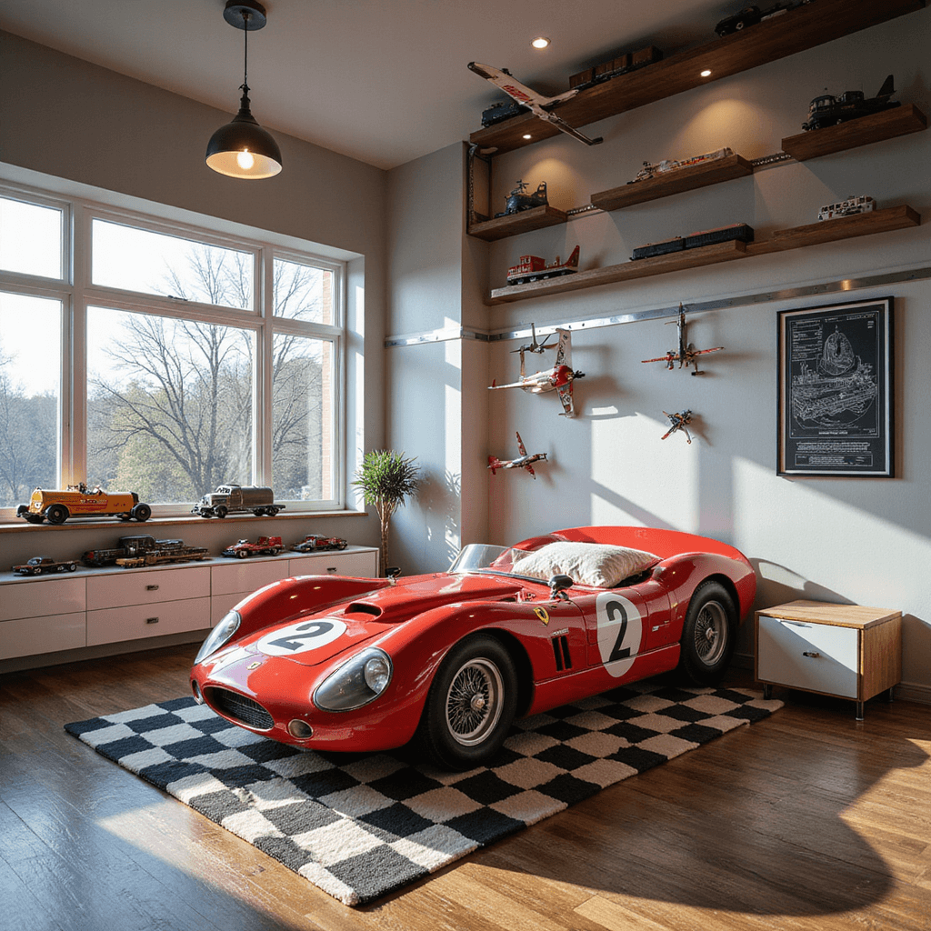 Dreamy transportation-themed bedroom with a red racing car bed, vintage airplane models, and a model train track encircling the room.