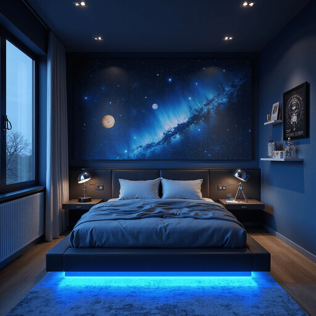 A low eye-level view of a cosmic-themed bedroom with midnight blue walls and a black ceiling, featuring LED constellation lighting and projected nebula effects. The room has a modern platform bed with a blue underglow, a dramatic galaxy mural, and chrome and glass astronomical instruments on acrylic shelves. A telescope is by the window, and a planet mobile casts shadows.