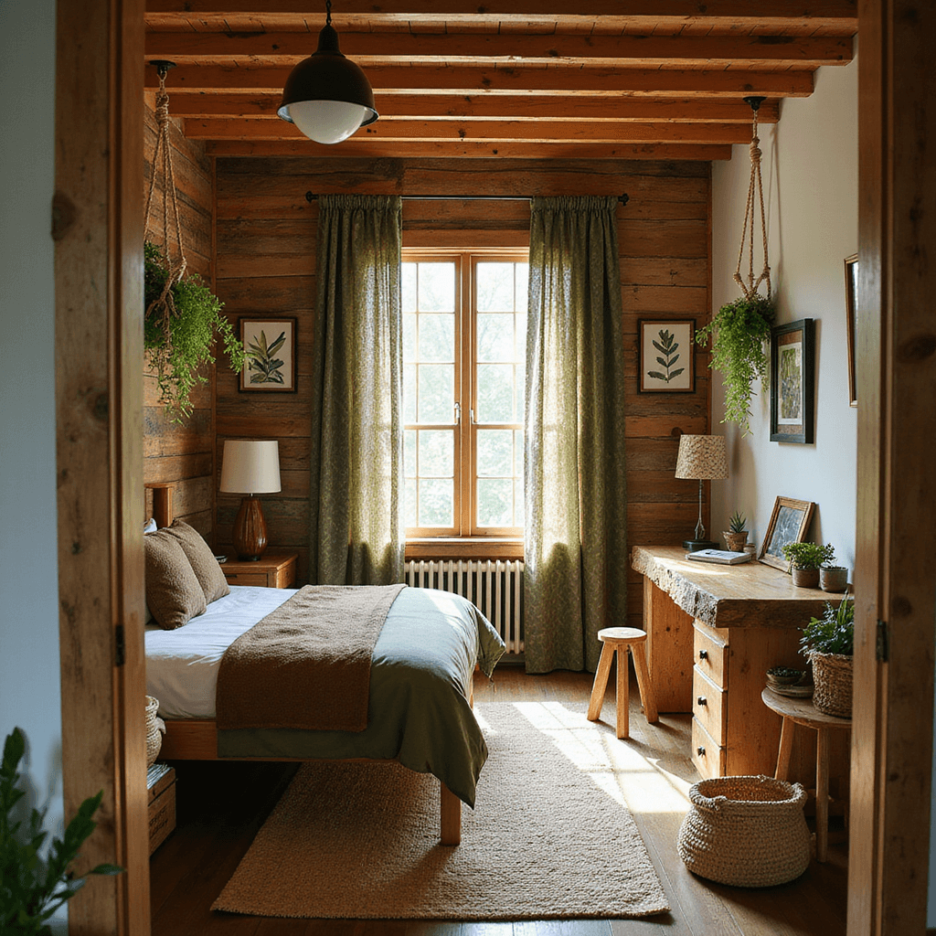 A cozy, sunlit 11x13ft room with a rustic feel, featuring a reclaimed wood accent wall, twin bed with bark-textured headboard, and organic earth-toned bedding. Desk with a live edge, rope swing chair, and botanical prints adorn the room. Leaf-pattern curtains filter morning light, while macramé plant hangers and woven baskets complement the natural jute rug. Shot at f/2.8 to emphasize textural details.