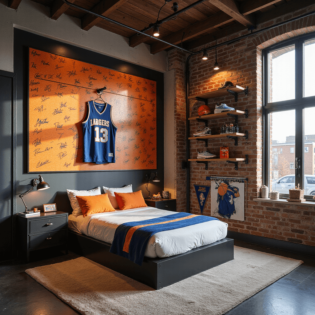 A sports-themed room with a platform bed featuring a basketball-textured headboard and team-colored bedding, surrounded by sports memorabilia. Afternoon light illuminates a signed jersey display wall. The space includes equipment storage lockers, vintage items on industrial shelving, a mural of action shots, and championship pennants. Upholstery in performance fabric and rubber flooring enhance the sporty atmosphere. Photographed with a 35mm lens showcasing graphic elements and memorabilia details.