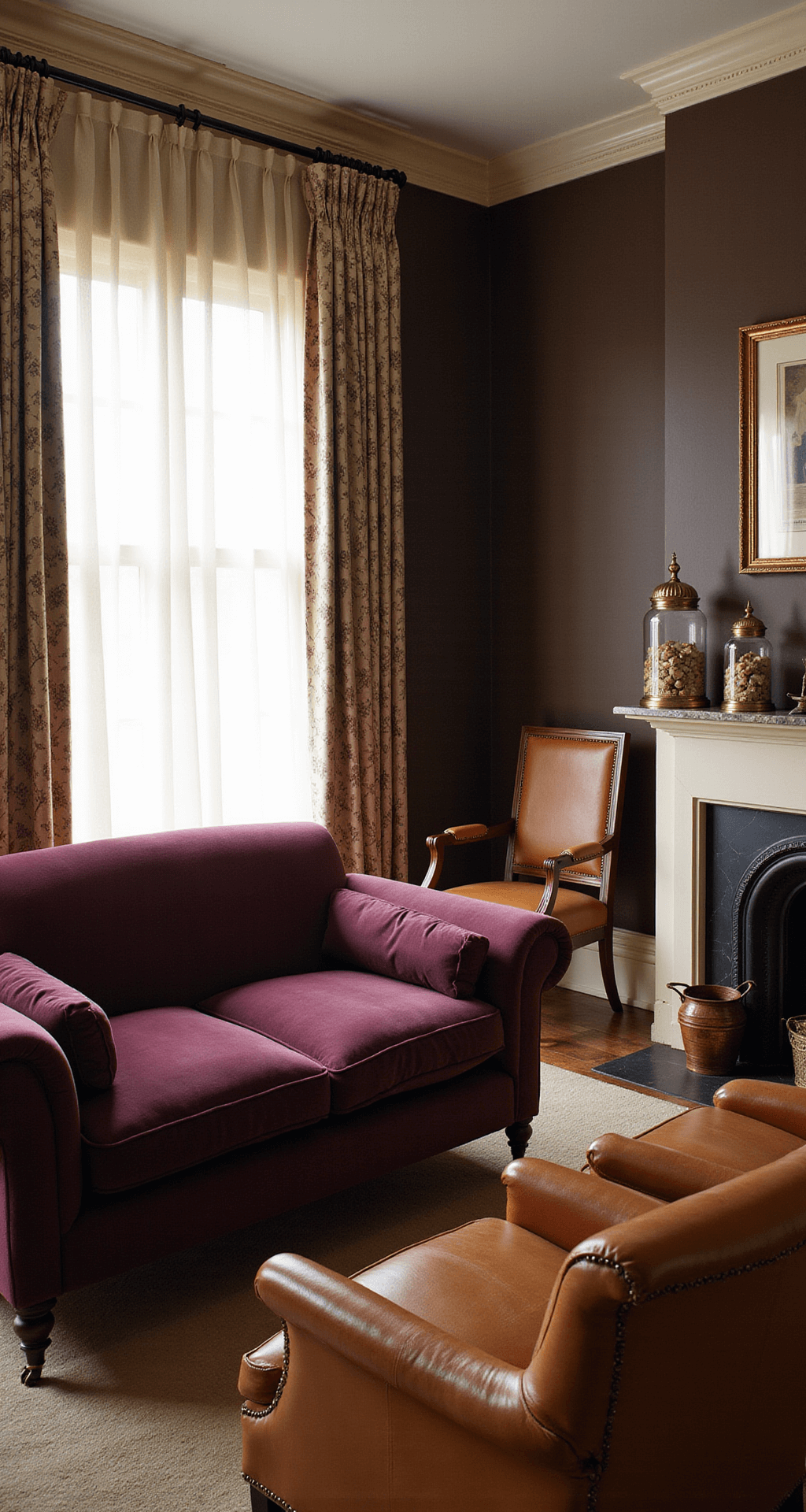 A bird's eye view of an intimate sitting room with chocolate brown walls and cream trim, featuring an aubergine velvet sofa and camel leather chairs. Sunlight filters through sheer curtains, casting shadows. A marble console holds vintage apothecary jars and sepia photos in brass frames. The arrangement emphasizes balance and texture.