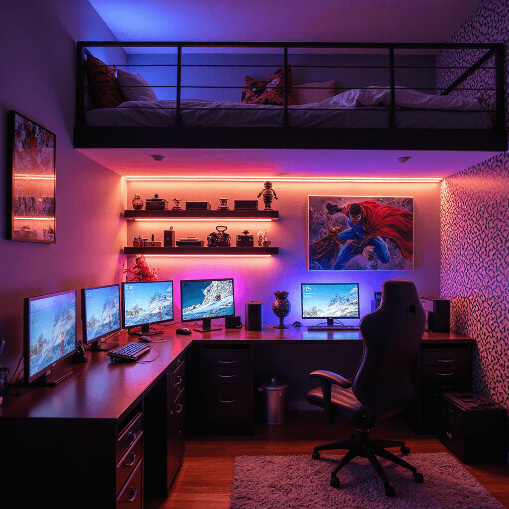 Eye-level view of a personalized 12x12ft room at golden hour, featuring a gaming corner with LED shelves, a loft bed with a study nook, superhero mural, neon sign, acrylic collectible displays, smart lighting, gaming chair, dual monitors, and geometric wallpaper.