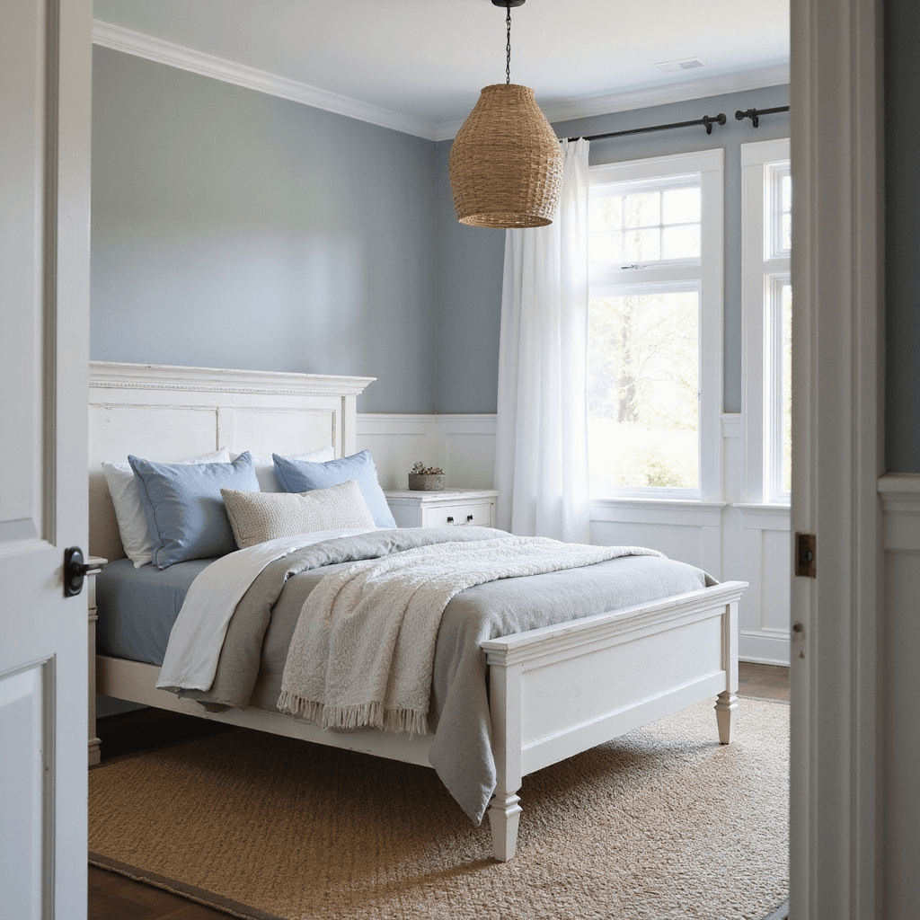 A coastal-inspired grey bedroom with mid-morning light features pearl grey walls, white trim, and wainscoting. The room includes a queen bed with a white linen headboard, layered with soft grey and blue bedding. Distressed white wooden furniture and a seagrass rug enhance the decor. A woven pendant light hangs from the ceiling, and sheer white curtains billow gently. The scene is captured from the doorway, showcasing an airy, beachy sophistication with a casual matte finish.