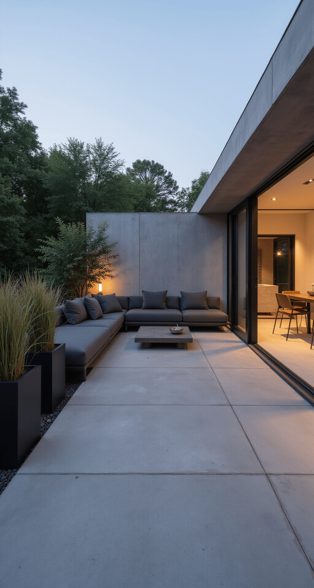 Modern minimalist patio at golden hour, showcasing an L-shaped 400 sq ft space with high ceilings and sliding glass doors. Features a charcoal sectional with clean lines, surrounded by concrete side tables and light gray porcelain pavers. Decor includes three tall black planters with grass, and LED strip lighting creates a mix of cool and warm light. Emphasis on negative space and linear design elements in grays and whites.