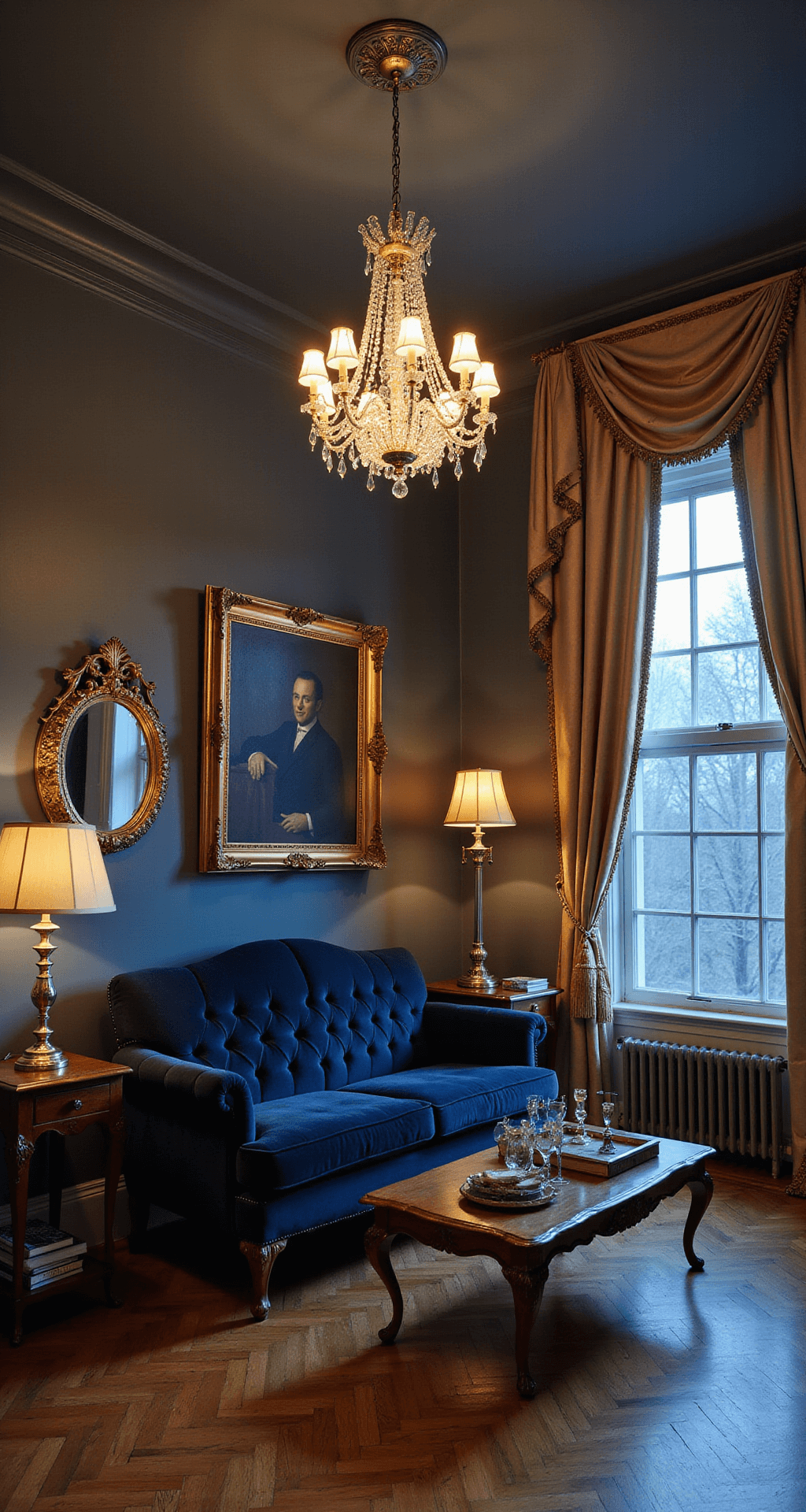 A formal living room with deep slate blue walls during blue hour, featuring a navy velvet tufted sofa under an antique crystal chandelier. Gilt-framed mirrors and oil paintings adorn the walls, while champagne silk drapery drapes elegantly on herringbone hardwood floors. Mahogany side tables hold silver candlesticks and vintage books, casting a warm glow in a dimly lit, sophisticated atmosphere.