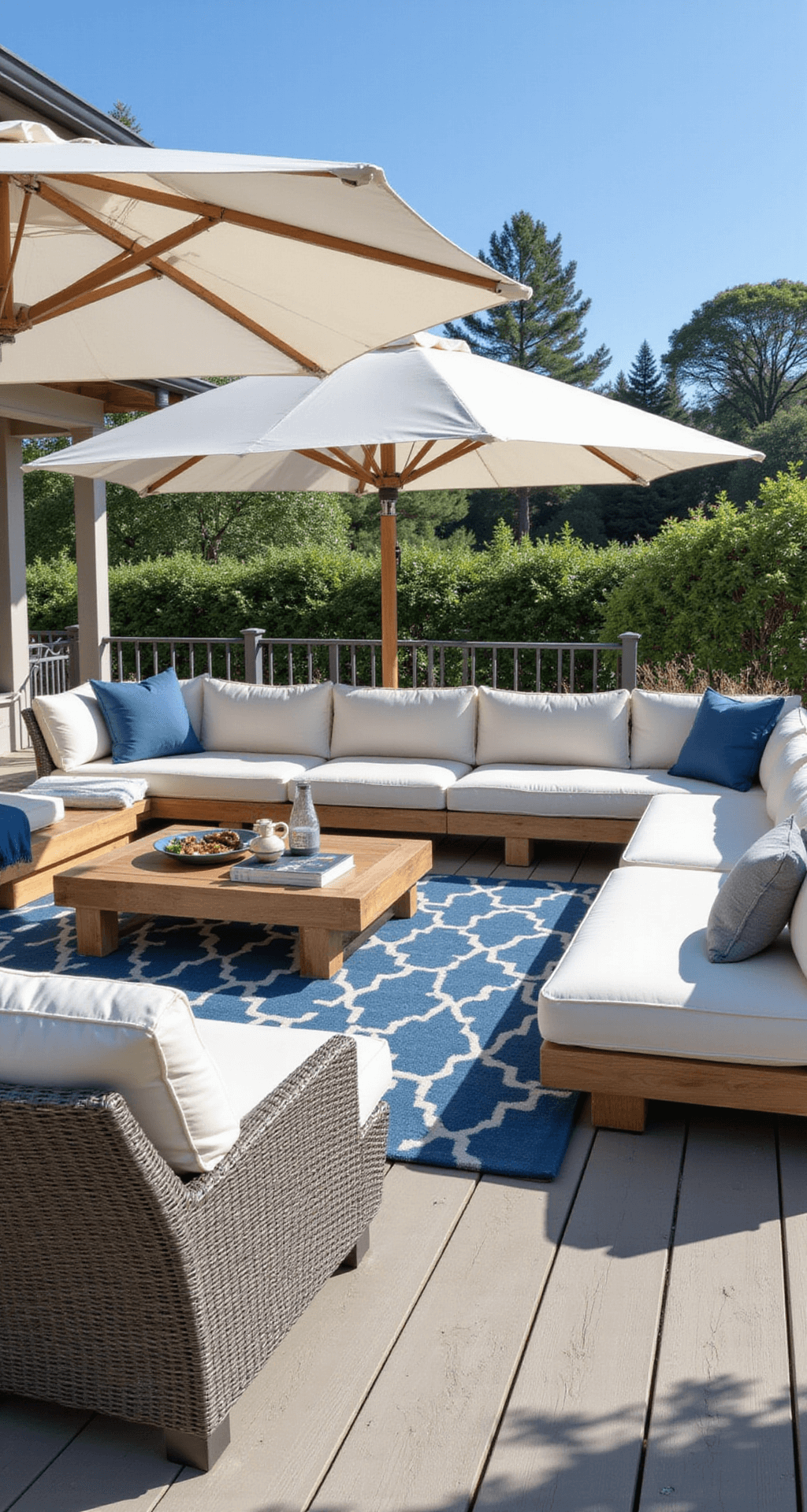 An elevated view of a contemporary 350 sq ft lounging patio at midday with multi-level composite decking. Features include a modular white outdoor sectional convertible to a dining setup, hidden storage, and weather-resistant textiles in coastal blues and grays. Oversized umbrellas cast geometric shadows, while high-contrast lighting highlights deck levels and textures.
