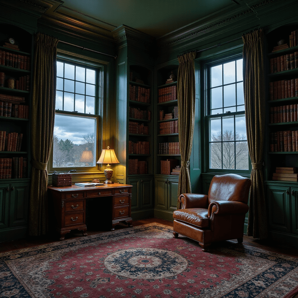 A moody Dark Academia bedroom with deep forest green walls, mahogany furniture, and tall built-in bookshelves, features a carved wooden desk beneath leaded glass windows. A vintage leather armchair sits beside shelves of antique books. Warm pools of light come from a brass desk lamp while thunder clouds outside add drama. Shot from a corner angle, velvet curtains and textured leather are visible.