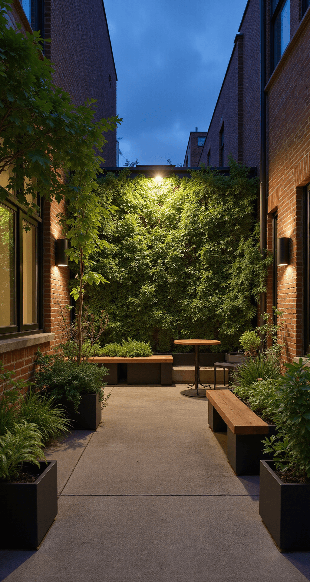 A twilight view of a vertical garden patio, showcasing a 200sq ft urban space with a 15ft living wall. Dramatic up-lighting reveals an integrated irrigation system and diverse plant textures. The scene includes modern concrete benches with concealed planter boxes, preserved moss art, and a blend of trailing and architectural plants. Subtle landscape lighting enhances depth, creating a moody atmosphere softened by abundant greenery.
