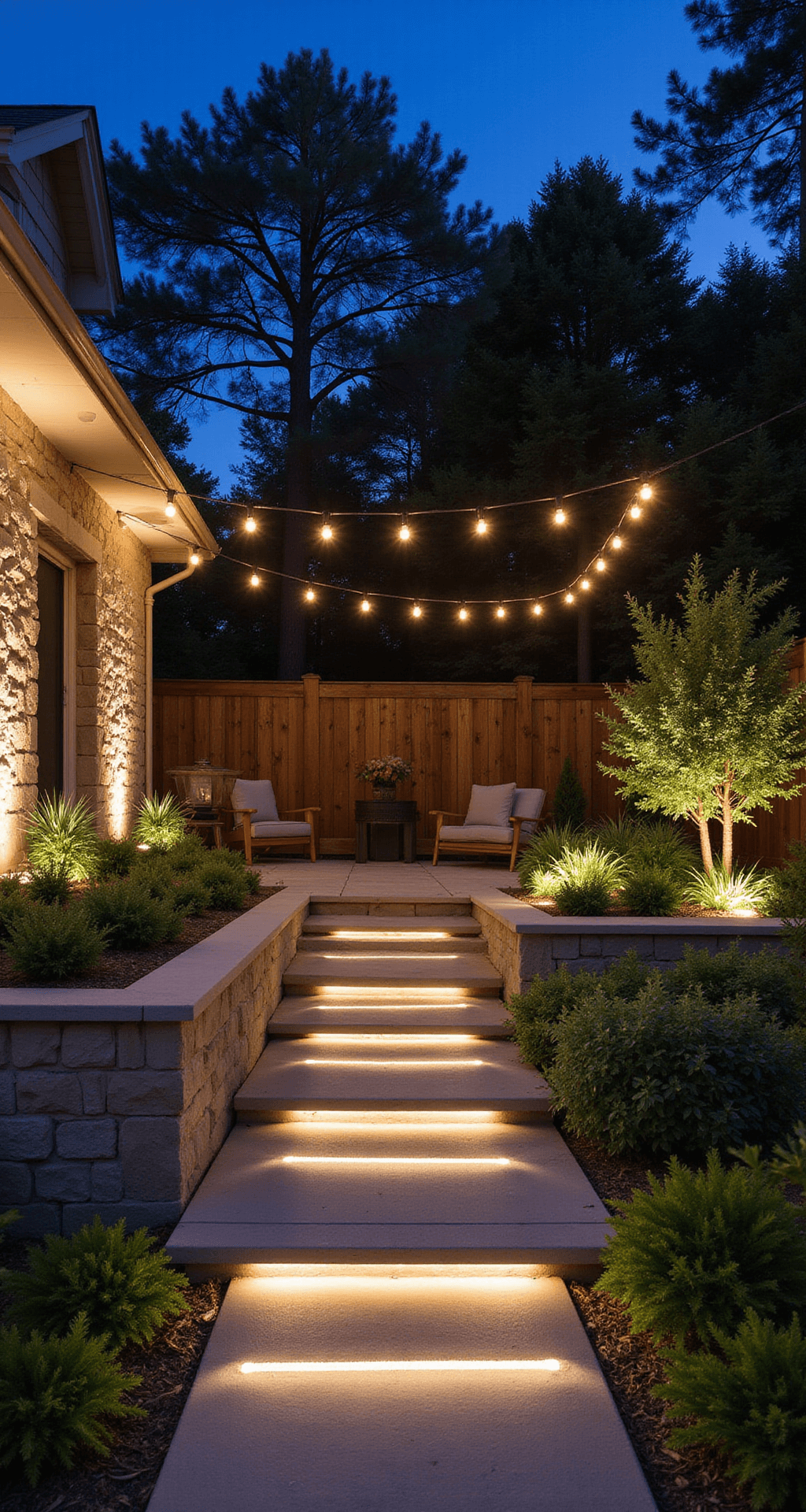 A cozy evening patio with overhead string lights forming a canopy effect, LED-embedded pavers lighting the path, and floating steps with integrated light strips. A textured stone feature wall is illuminated with wash lighting, while neutral furniture blends into the night. The light creates warm glows and intricate shadow patterns against cool architectural elements.