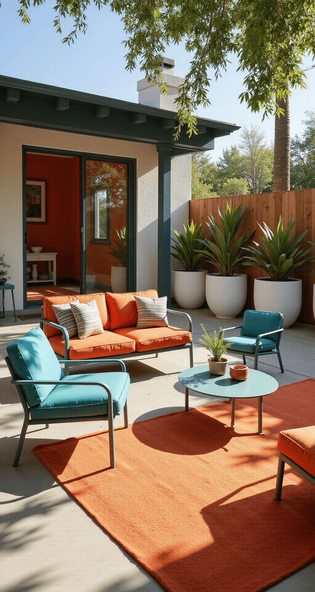 A color-blocked modern patio with bold geometric rug and powder-coated metal furniture in sunset orange and deep teal; minimalist striped textiles and oversized white planters with sculptural plants in strong afternoon sun, projecting sharp shadows and rich color contrasts.