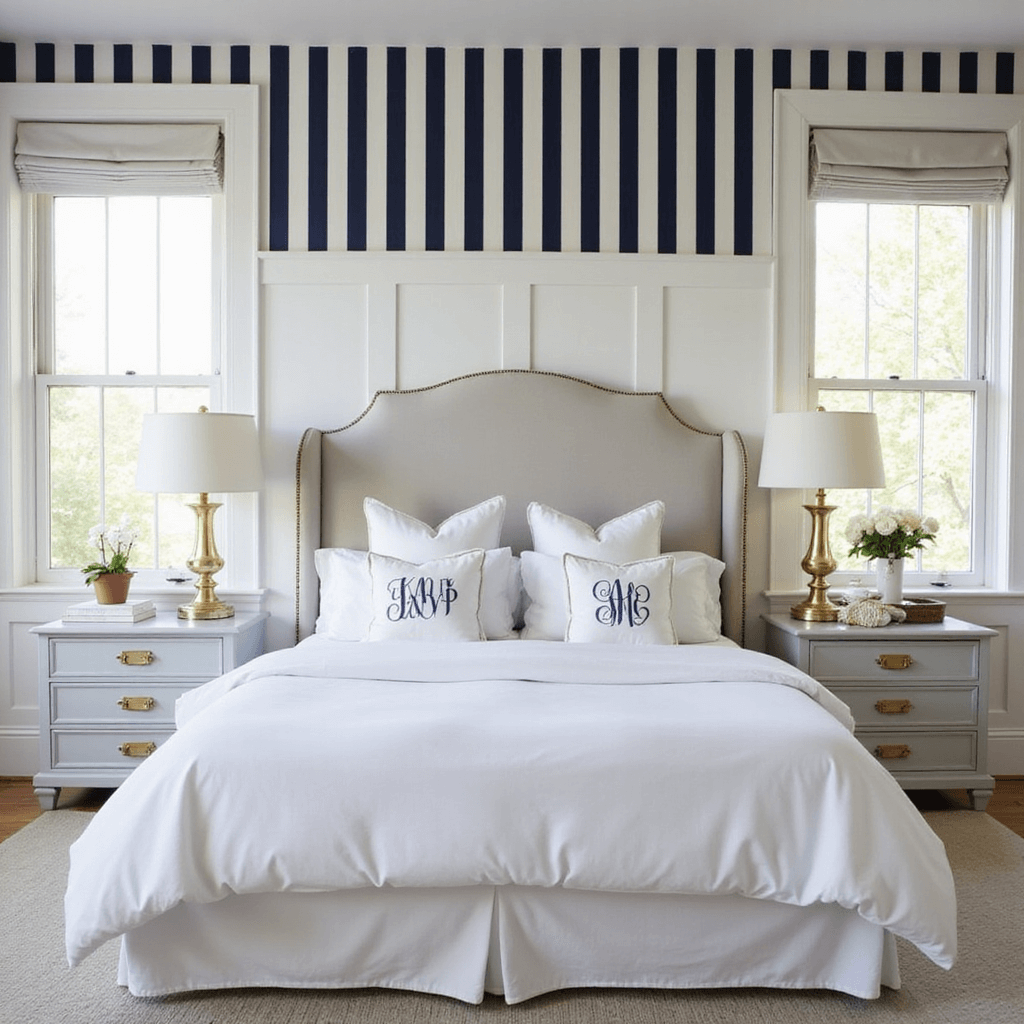 A refined preppy bedroom with navy and white striped wallpaper, bright white paneling, and a king-sized bed with crisp white linens and monogrammed pillows, bathed in morning light.