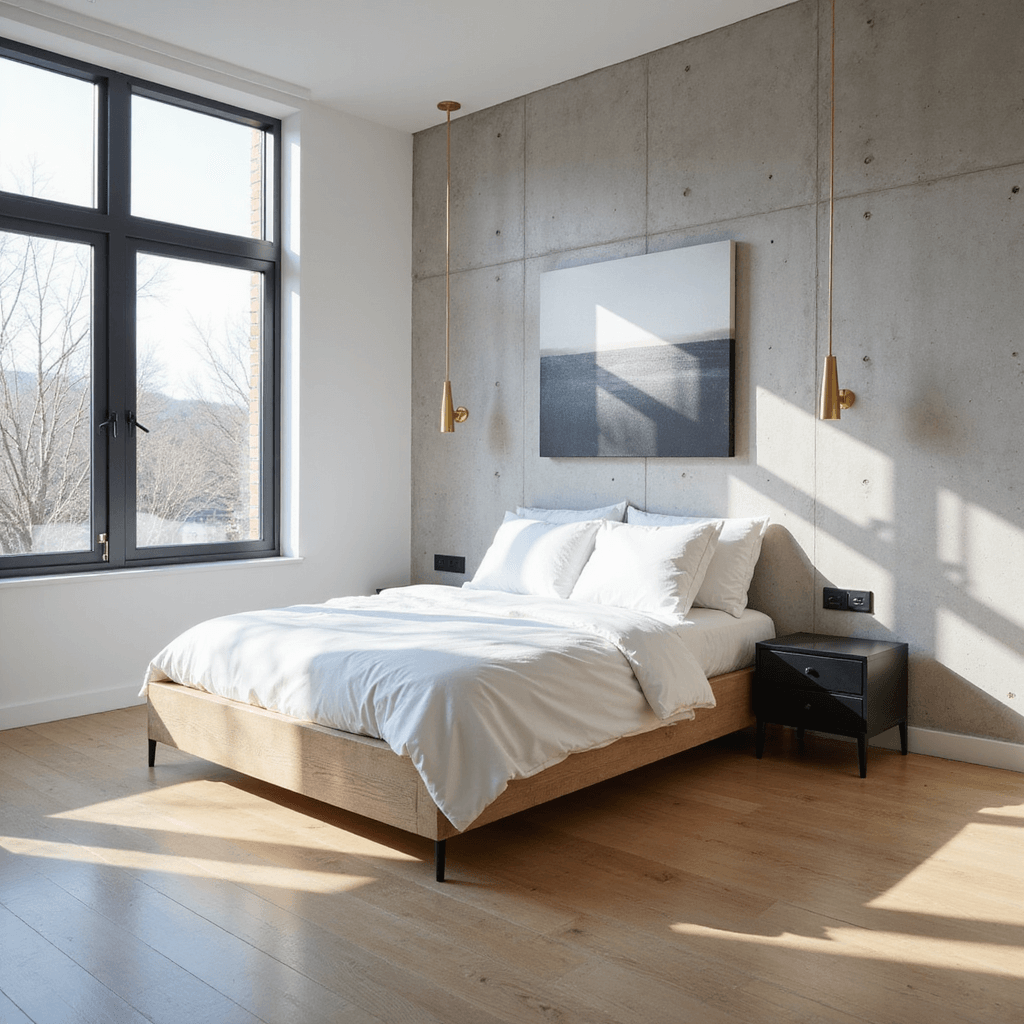A spacious modern minimalist bedroom featuring floor-to-ceiling windows, light oak flooring, a platform bed with white linens against a concrete accent wall, matte black nightstands, and a grayscale abstract canvas, all illuminated by natural light and soft brass fixtures.