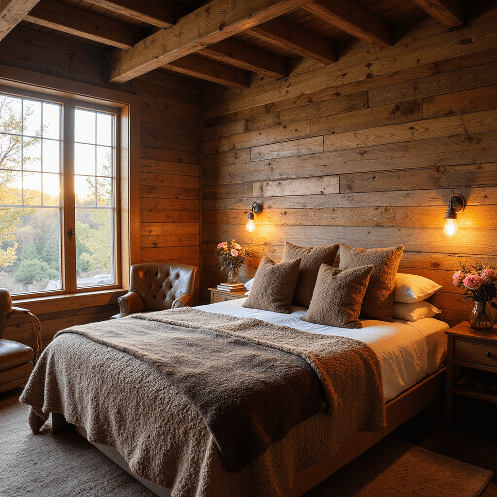 Cozy cabin bedroom featuring a king-sized bed with chunky knit throws and faux fur pillows, exposed wooden beam ceiling, reclaimed barnwood accent wall, weathered leather armchair, and warm ambient lighting from Edison bulbs.