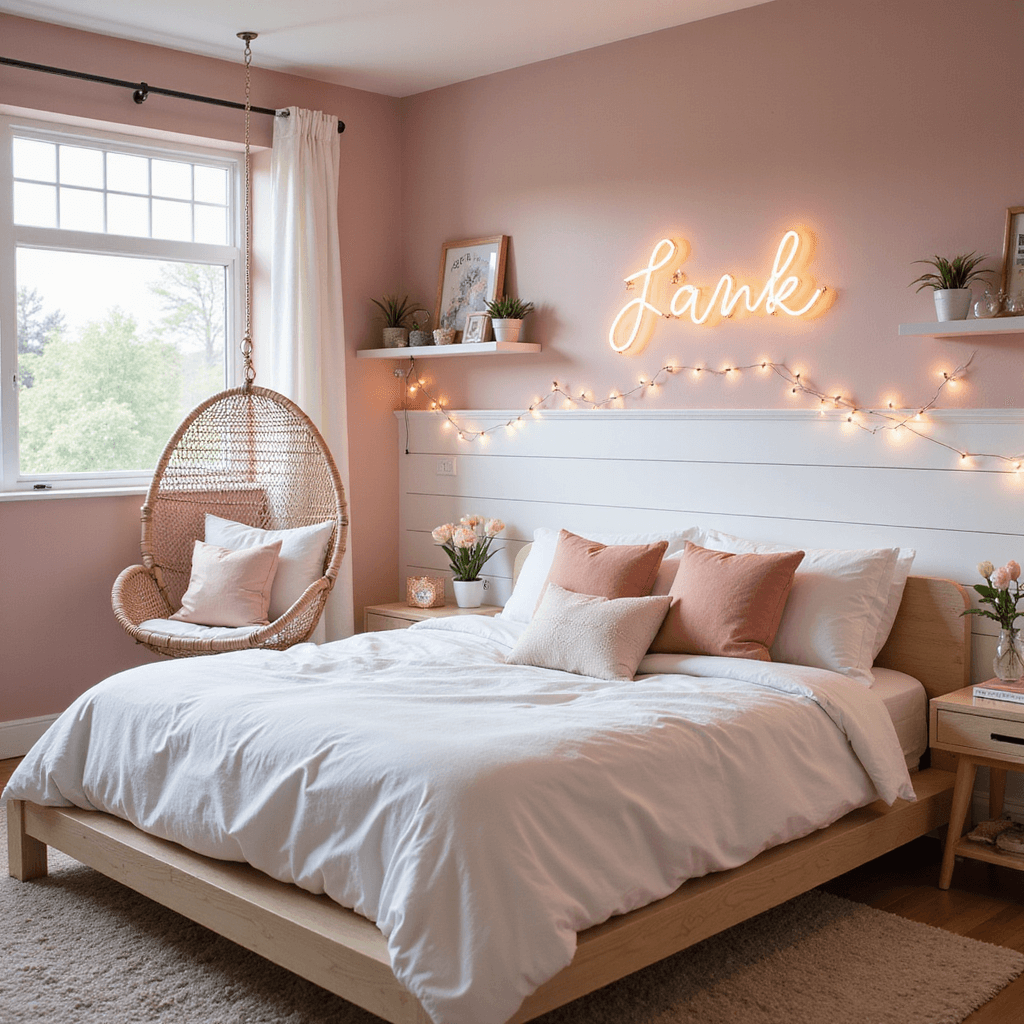 Aesthetic teen bedroom with blush pink walls, a white shiplap accent wall with a neon sign, a platform bed adorned with a fluffy white duvet and rose gold pillows, a rattan chair draped with fairy lights by the window, and pastel-decorated floating shelves, all bathed in soft morning light.