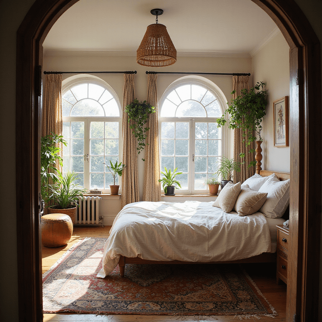 A cozy boho chic bedroom featuring a low-profile bed on a vintage Persian rug, layered white linens, and mud cloth pillows, illuminated by filtered light through macramé curtains and enhanced by warm accent lighting, with hanging plants and a rattan pendant light creating a serene atmosphere.