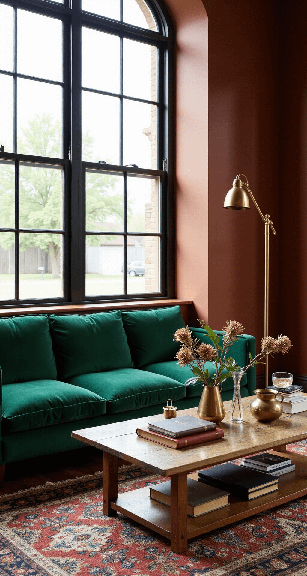 A detailed shot of a sitting nook with an emerald green velvet settee under large windows, illuminated by midday light. Brass objects, leather-bound books, and dried hydrangeas are arranged on a distressed oak table, with a vintage kilim rug over a sisal floor. Dark terracotta walls and an antique brass floor lamp add depth and height. Material details and patina are highlighted.