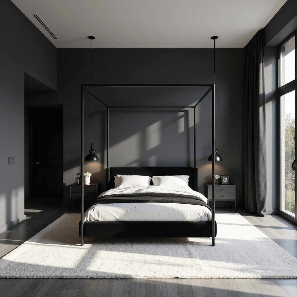 A stylish monochrome corner bedroom featuring floor-to-ceiling windows, charcoal walls, and an ivory carpet, with a modern four-poster bed adorned in crisp white linens and black velvet accents, all illuminated by moody afternoon light casting sharp shadows and dramatic contrasts.