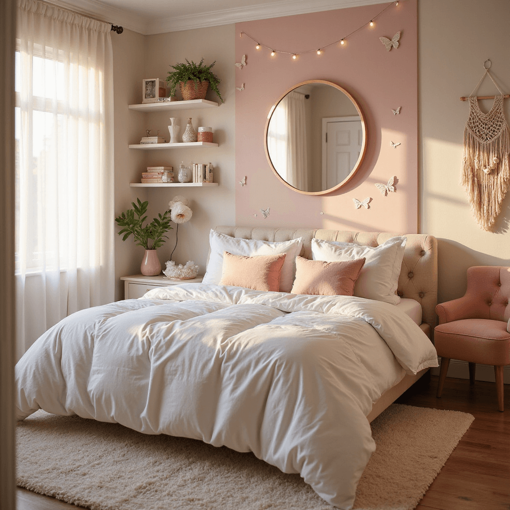 A cozy bedroom bathed in golden sunlight features a queen bed with a cloud-like white duvet and pastel pillows, framed by string lights and a rose gold mirror. The pastel pink accent wall has butterfly decals, while floating shelves display aesthetic books and crystals. A plush cream carpet and a velvet vanity chair add texture to the inviting space.