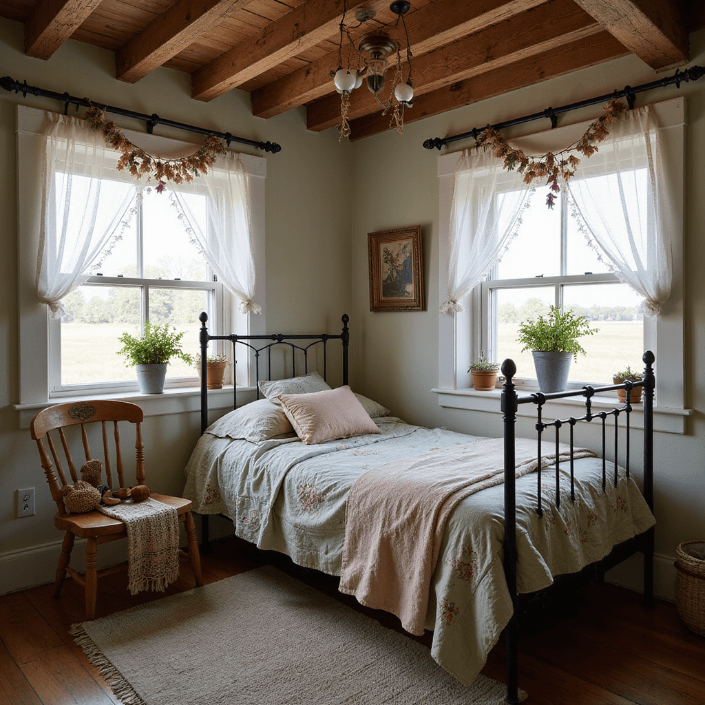 A cozy cottagecore bedroom at dawn features exposed wooden beams and vintage window frames, with an iron-framed twin bed adorned in antique floral quilts and embroidered pillows. Dried flower garlands hang overhead, while potted herbs line the weathered windowsills. A handwoven basket with knitting projects rests beside a carved wooden armchair, all bathed in soft morning light filtering through lace curtains.