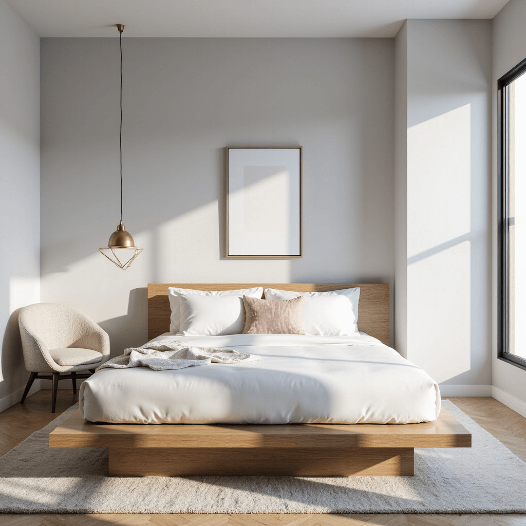 High-angle view of a minimalist contemporary bedroom featuring a bleached oak platform bed with white linens and a pale blush accent pillow, light grey walls, a geometric pendant light, a simple line art gallery wall in brass frames, and a curved bouclé chair, all illuminated by midday light.