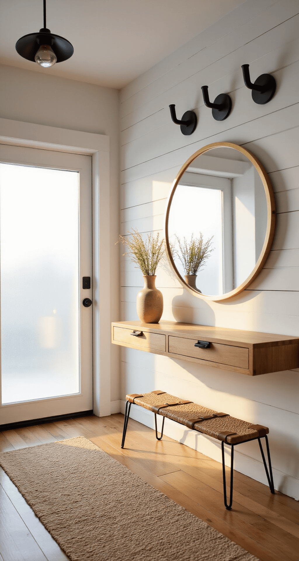 A modern entryway with sunlight streaming through a frosted glass door, highlighting a blonde wood console, black geometric hooks on white shiplap, a round brass mirror, and a bench with woven leather straps on a jute runner.