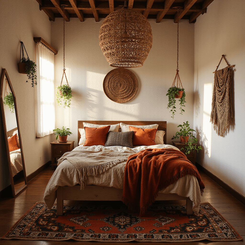 A cozy boho-style bedroom featuring a low-profile bed adorned with vintage Moroccan textiles in rust, terracotta, and cream, illuminated by sunset light. An oversized rattan pendant creates intricate shadows on the white textured walls, while macramé plant holders display cascading greenery. A vintage kilim rug adds texture, and a brass floor mirror reflects the warm ambiance.