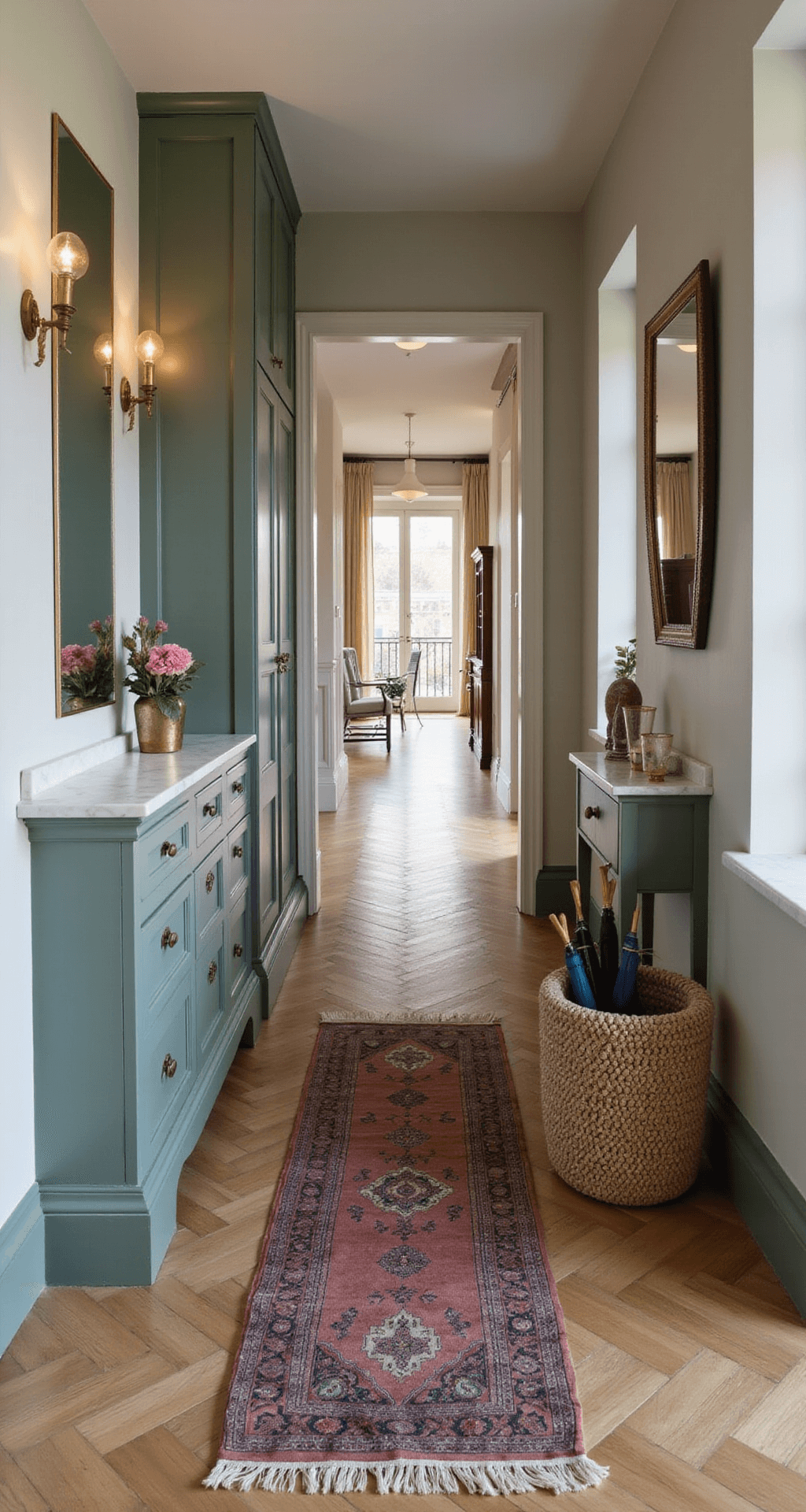 A narrow entryway at dusk features warm wall sconces illuminating a sage green storage unit with slim drawers. The white oak herringbone floor leads to a marble-topped console. A chunky knit basket with umbrellas and a vintage Persian runner in muted rose tones add texture.