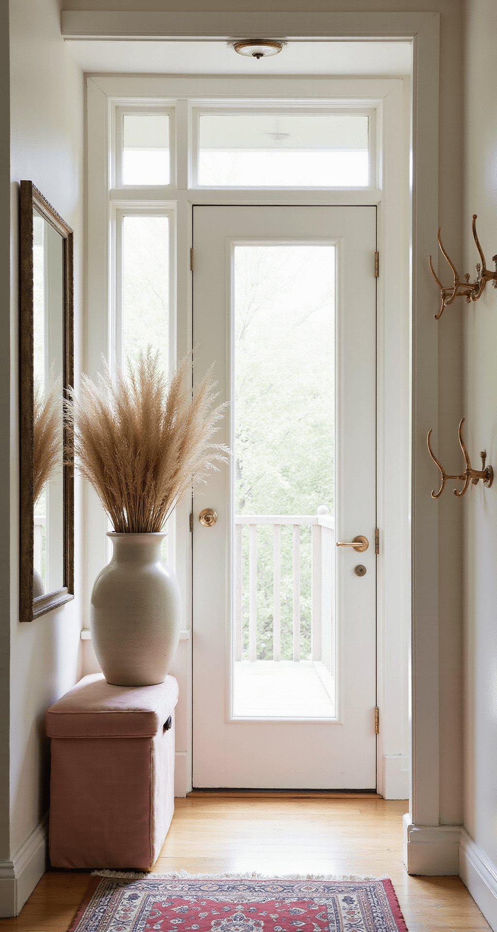 A compact 5x7ft entryway with morning light streaming in from a window above the door, captured from below to highlight height. It features floor-to-ceiling antiqued mirror panels, a slim blush pink storage bench, and brass hooks in a geometric arrangement. An oversized ceramic vessel with pampas grass casts dramatic shadows, while the color palette includes soft pinks, warm metals, and creamy whites.