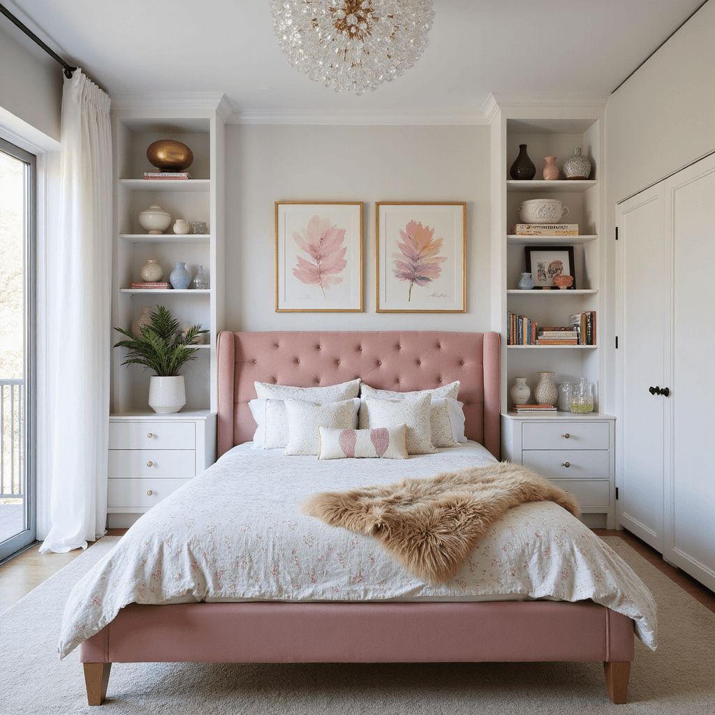 Wide shot of a modern bedroom featuring a blush pink velvet bed with abstract gold-framed art, an acrylic bubble chandelier casting playful light, white built-ins displaying pastel ceramics and art books, and geometric print bedding accented with a faux fur throw, all captured in soft morning light.