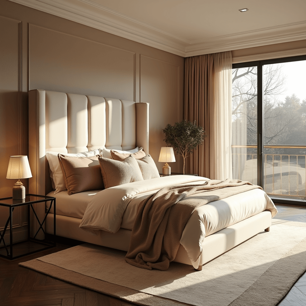 A luxurious master bedroom featuring a king-sized bed with a champagne-colored tufted headboard, dressed in ivory silk sheets and a blush pink duvet, illuminated by golden hour light through floor-to-ceiling windows, with modern nightstands, ceramic lamps, and a plush cream Moroccan rug on dark herringbone hardwood floors.