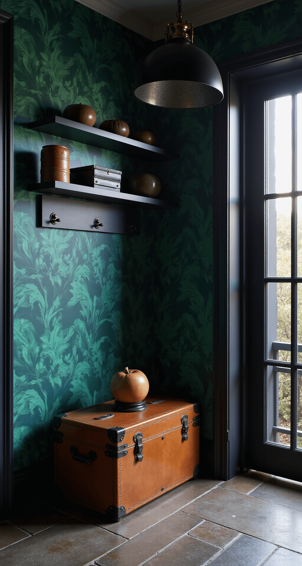 A wide-angle view of a 6x6ft entryway during blue hour with deep emerald botanical wallpaper, black floating shelves and hooks, a cognac leather vintage trunk, industrial pendant light, and slate herringbone tile flooring.