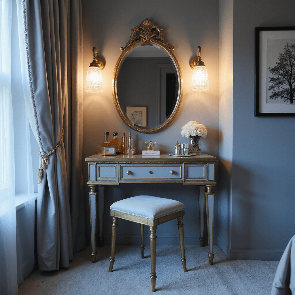 An elegant bedroom vanity nook featuring a vintage mirrored vanity with gold trim, a round brass mirror, and a pale grey velvet chair. The arrangement includes luxury beauty products, perfume bottles, and fresh peonies, all illuminated by crystal sconces during blue hour.