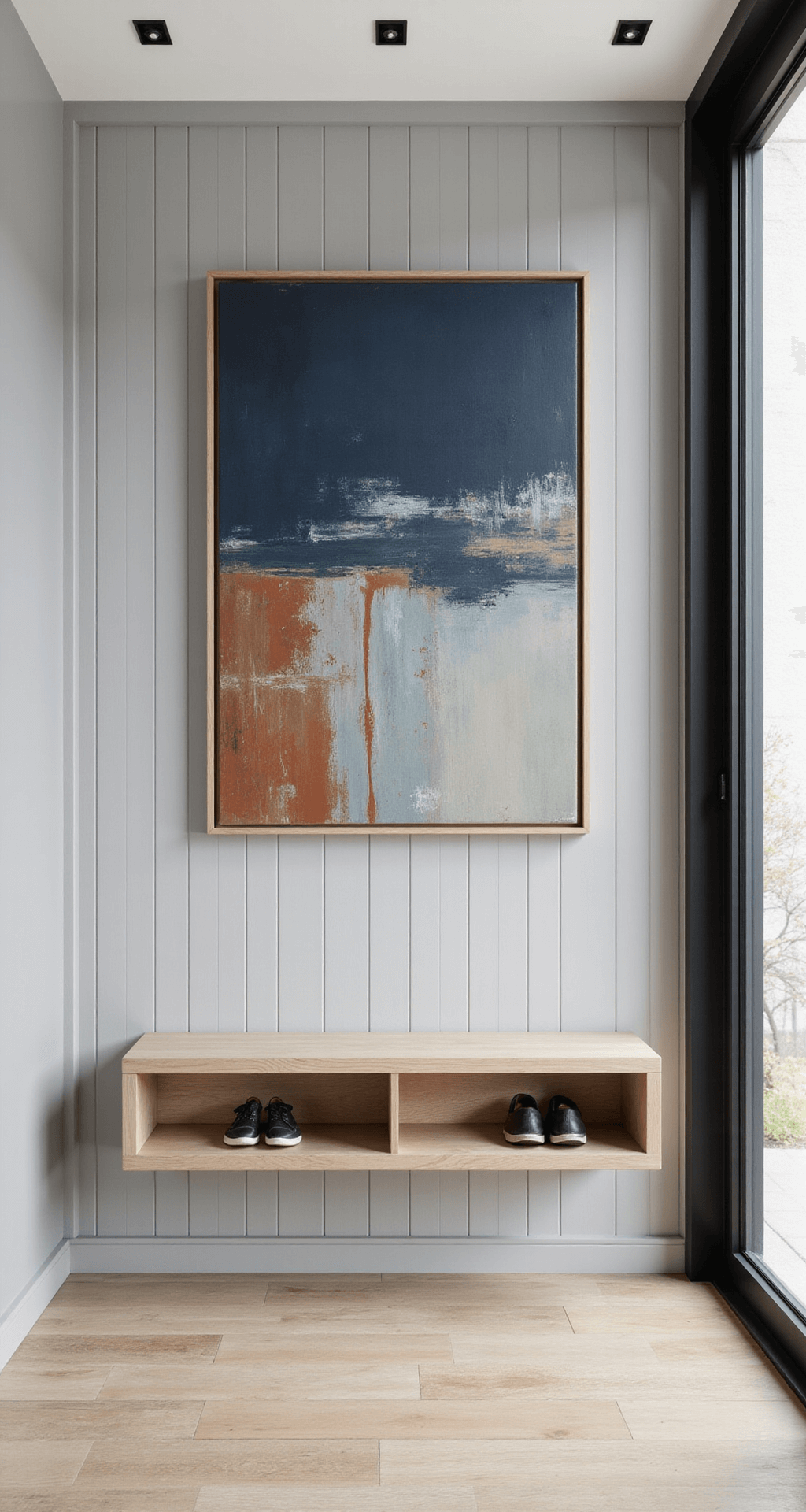 Contemporary entryway with soft gray grid paneling, bleached oak floating shelf, hidden shoe storage bench, and indigo-rust abstract art.