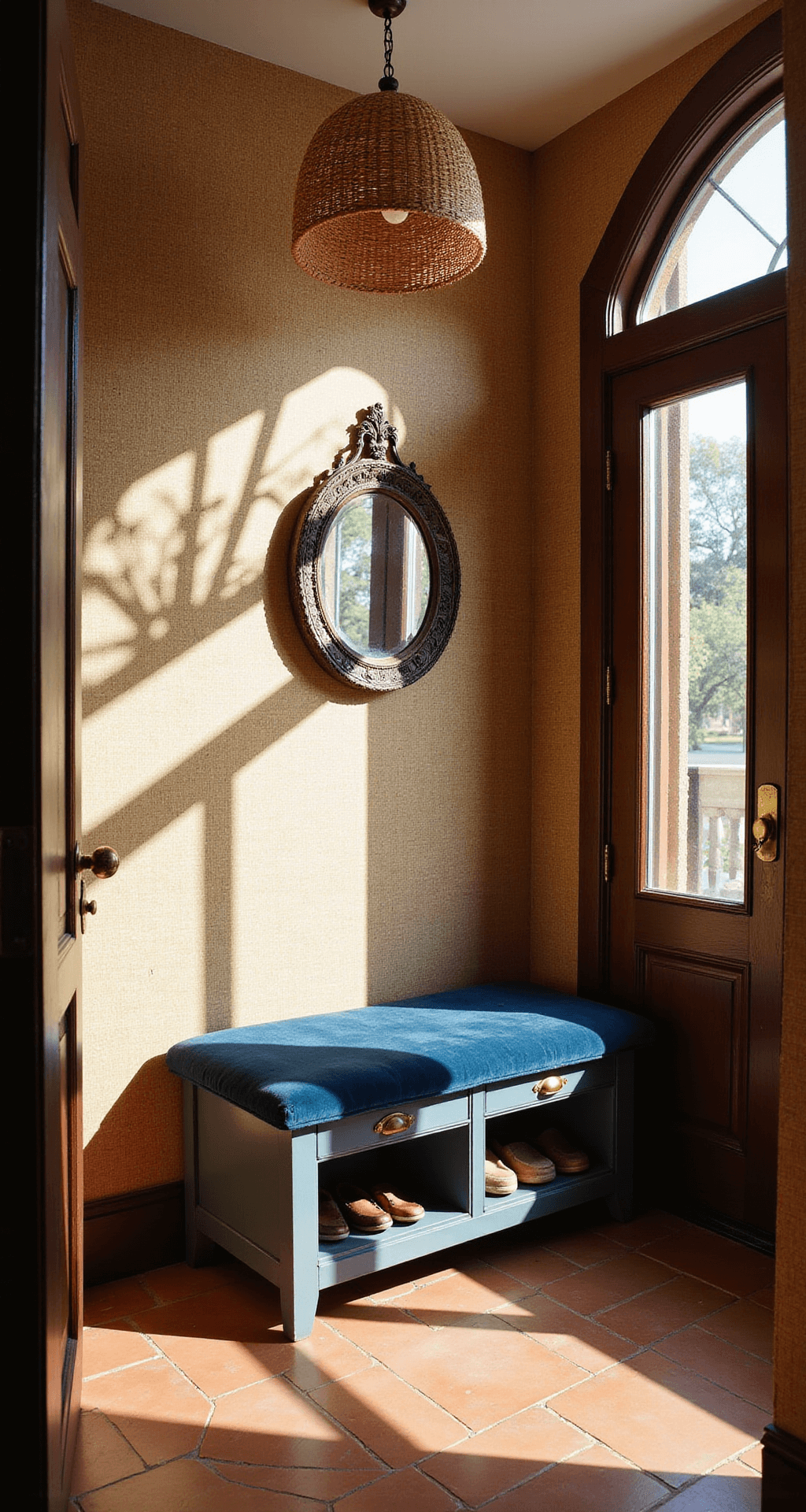 View of a warmly lit entryway with angled sunlight, a rattan pendant light casting shadows, navy velvet bench with brass accents, textured grasscloth wallpaper, vintage mirror, and terracotta floor tiles.