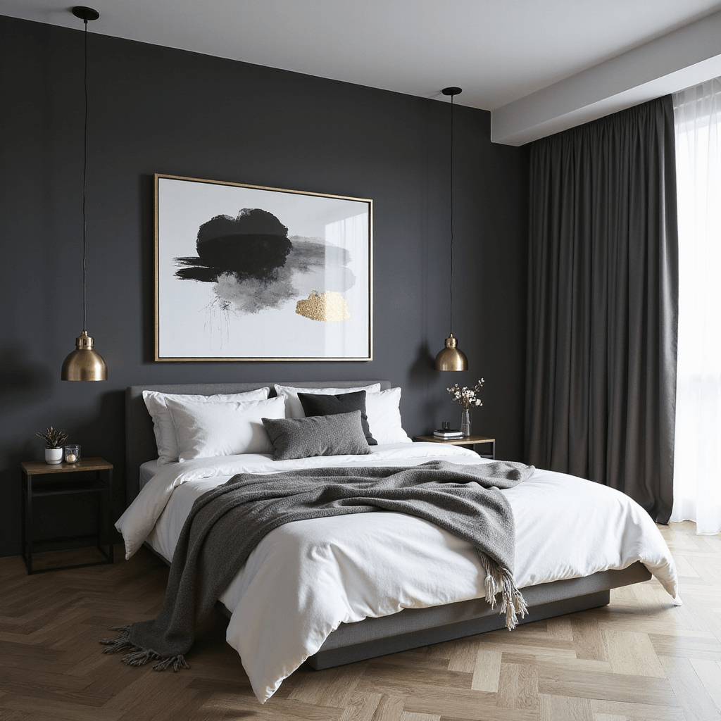 A contemporary bedroom featuring a deep charcoal grey accent wall, a low-profile platform bed with white linens and grey cashmere throws, oversized abstract art in black, white, and gold, and minimalist brass pendant lights at varying heights.