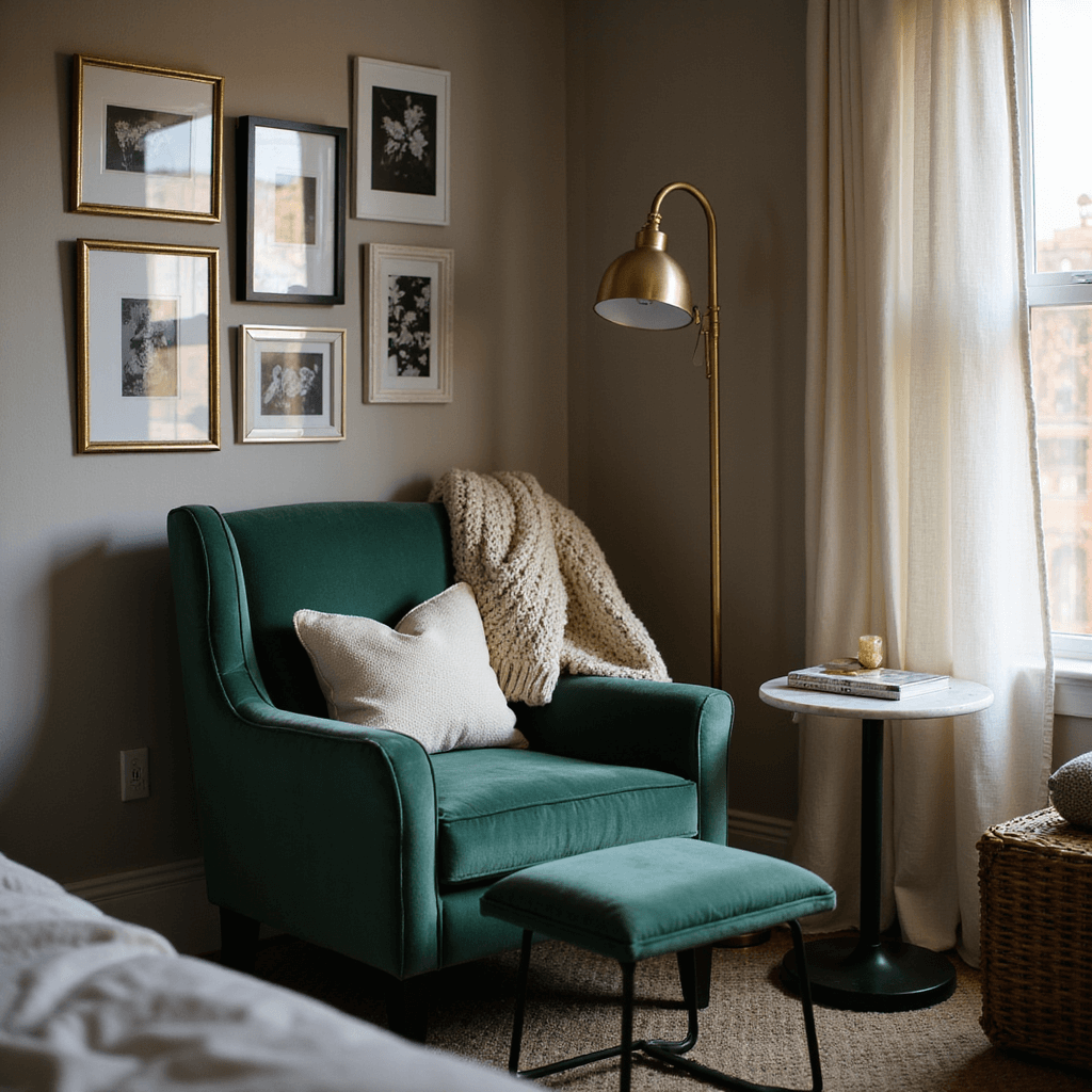 A cozy reading nook in a bedroom during sunset, featuring a plush emerald green armchair, brass floor lamp, and marble side table, with a gallery wall of black and white photographs framed in gold. A cream knit throw adds texture, captured in a close-up from a lower angle, highlighting soft lighting and dramatic shadows.